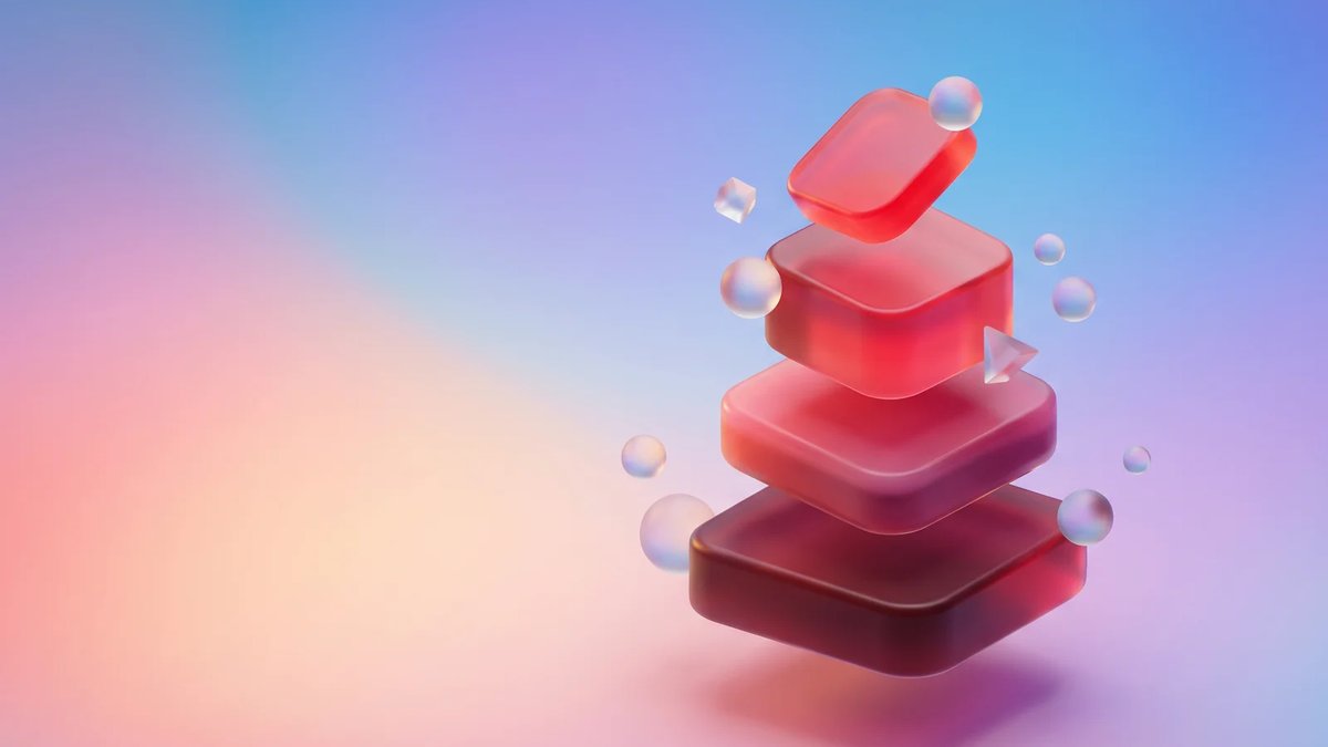 Abstract premium illustration with stacked crimson glass-like forms on a soft aurora gradient background, representing staged MVP product development for startups.