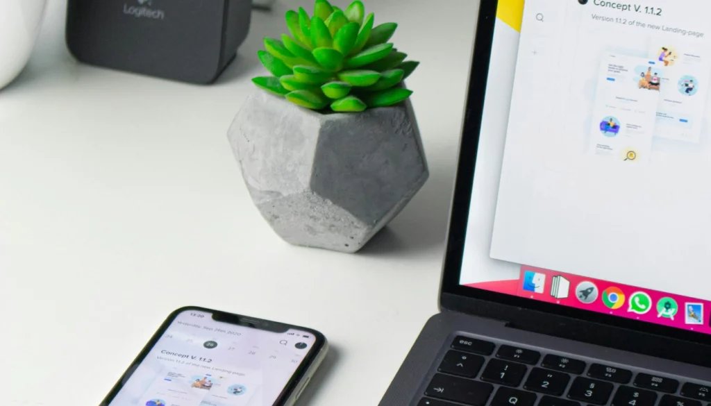 Smartphone near laptop on the table. Green plant in the center of the photo. 