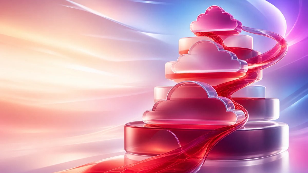 Abstract cloud capacity planning stack with dimensional crimson and frosted glass forms on a luminous multi-color gradient background.