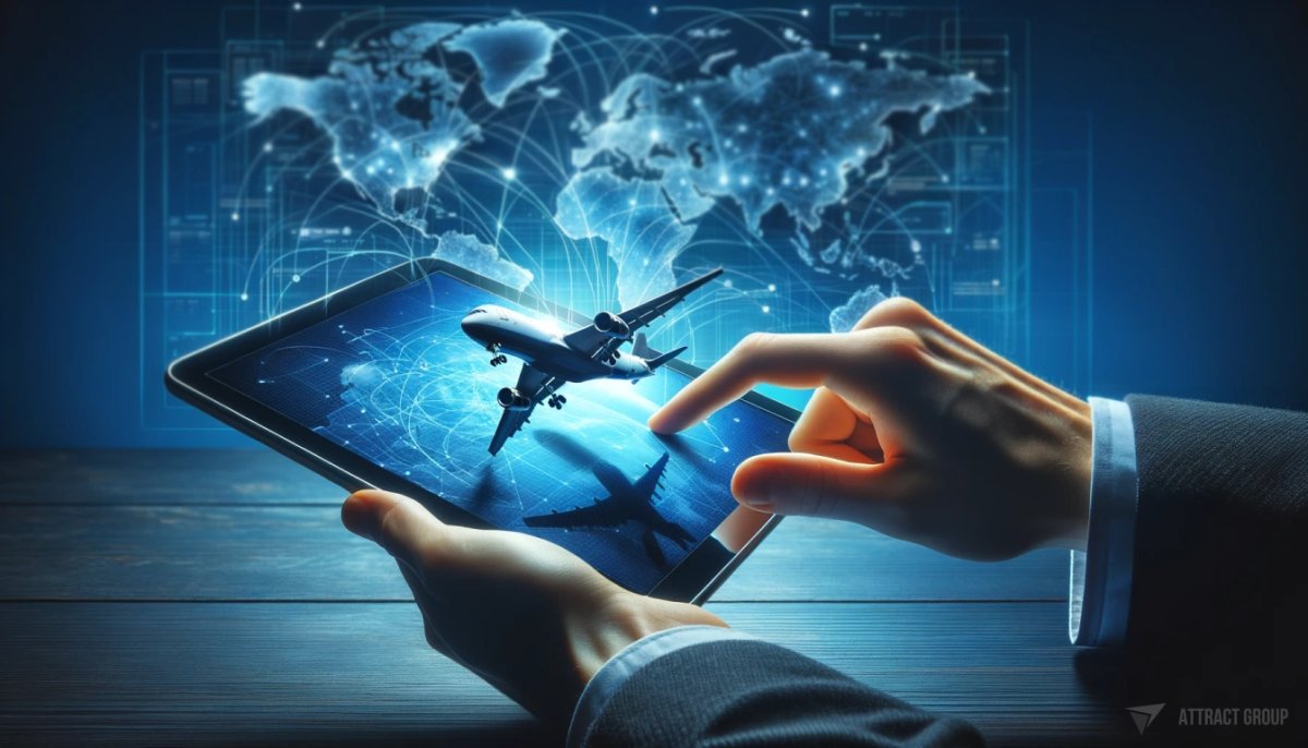 Refining Autopilot Efficiencies. 
 The focus is on a hand holding a tablet which transitions smoothly into a dynamic scene featuring a commercial airplane flying towards a digital world map. 