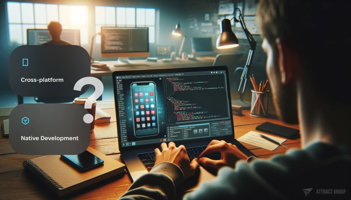 Cross-platform vs. Native Development Considerations. An over-the-shoulder view of a person using a laptop with a code editor open on the screen, which also displays a virtual smartphone with its home screen and various app icons. The setting is a focused work environment with soft lighting, suggesting a developer or programmer's workspace, with attention to details like a coffee cup, notebooks, and programming books in the background. The person is intently looking at the screen, reflecting concentration and the precision needed for coding or testing a mobile application. The workspace is organized, with minimal distractions, and the atmosphere is calm and productive.