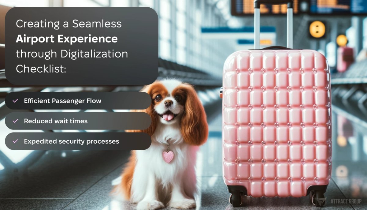Creating a Seamless Airport Experience through Digitalization. 

Pink suitcase and a cute little dog sitting next to it. The background should be a blurred airport waiting room.