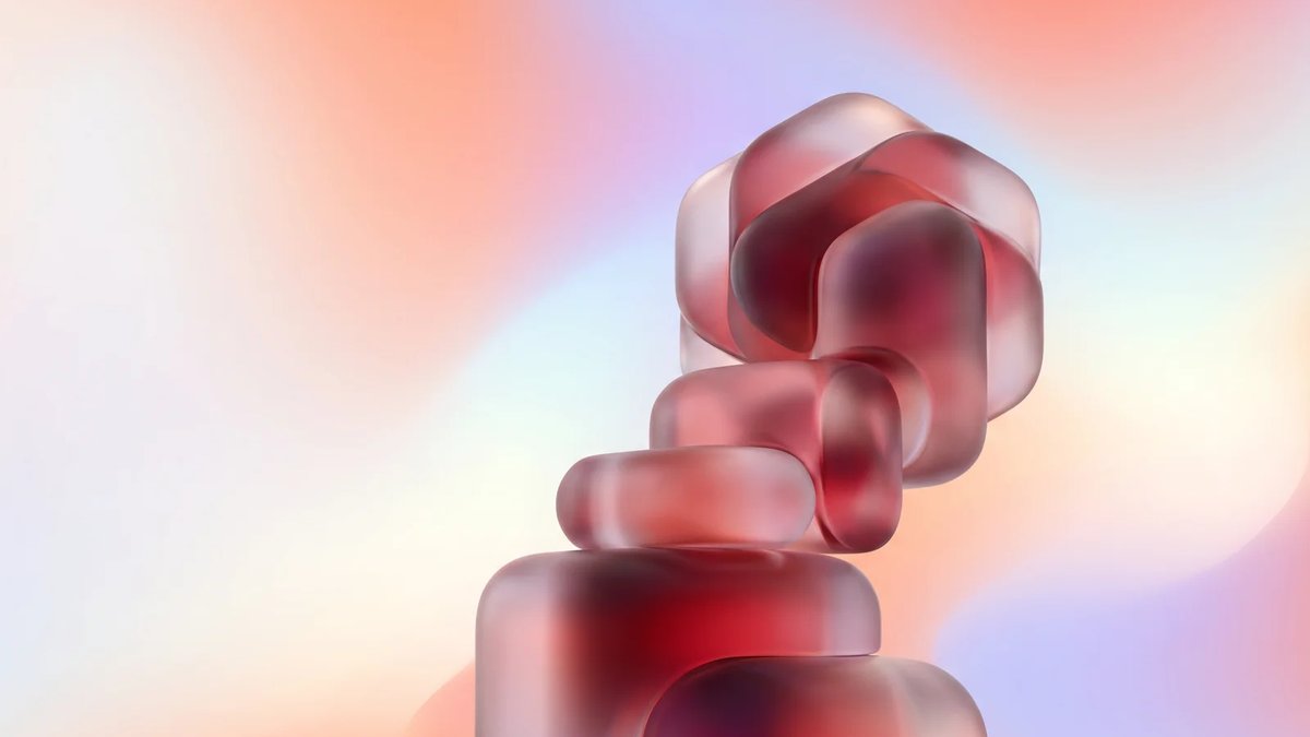 Premium abstract editorial illustration for custom CRM software development, with ascending crimson glass forms over a peach lavender aurora gradient.