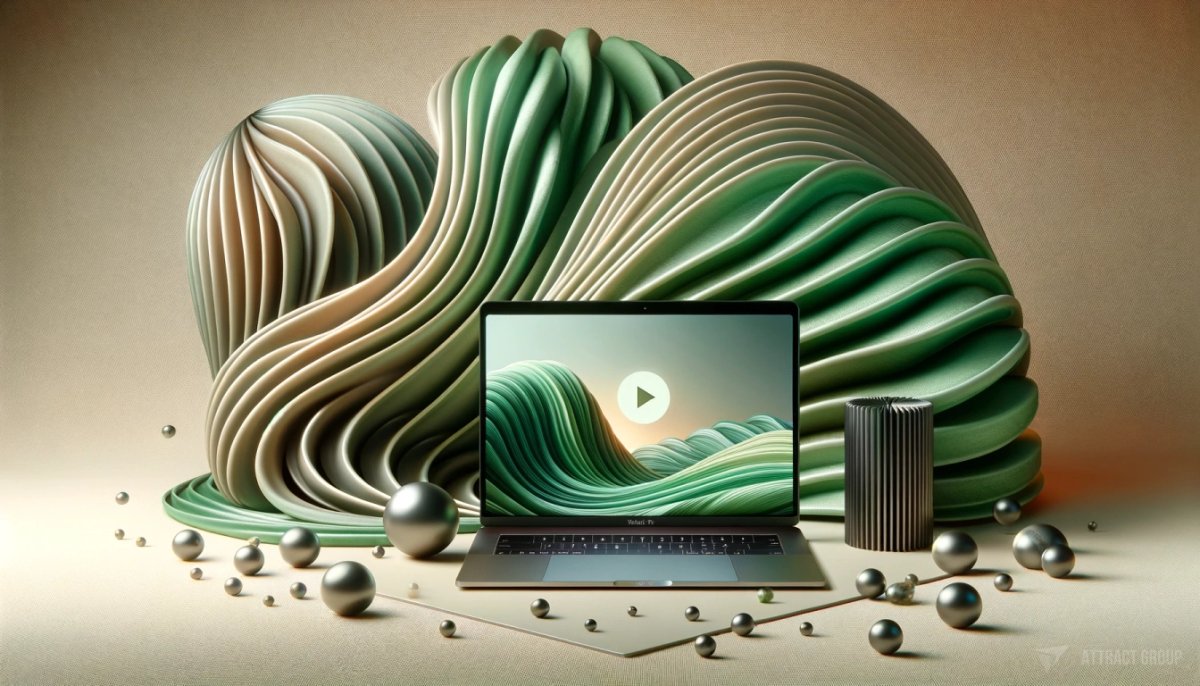 A modern, abstract composition featuring a MacBook with a video app displayed on the screen.