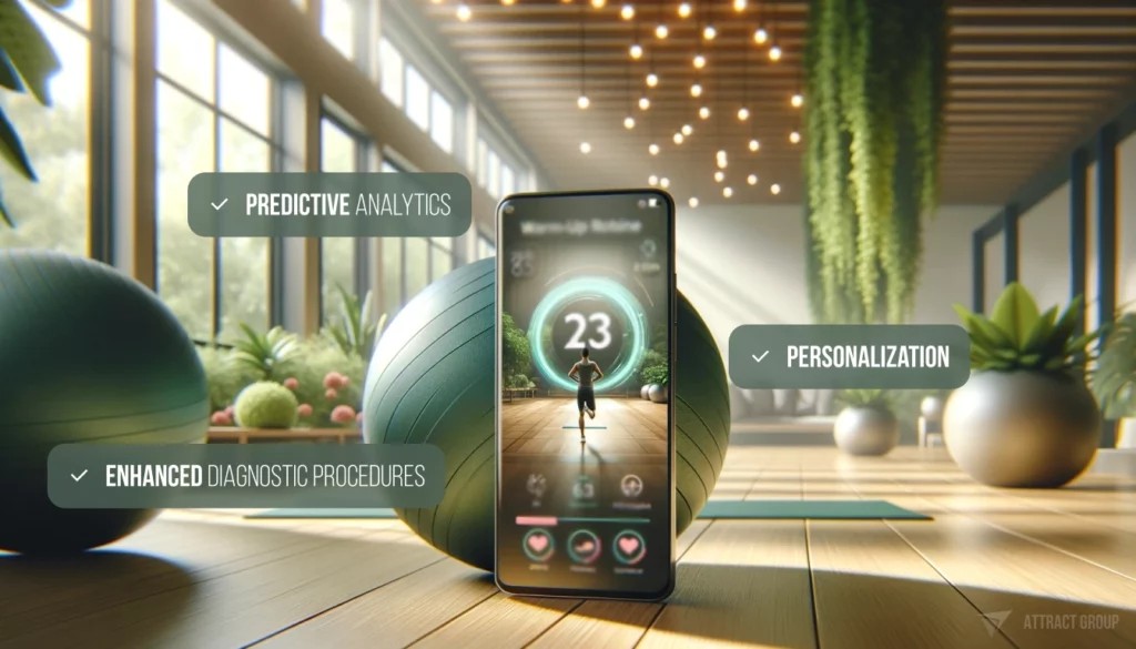 Illustration for The Impact of AI and Machine Learning on MedTech Mobile Apps. A close-up of a smartphone displaying a fitness app on its screen. The screen shows a warm-up routine video UI, with icons and data related to sport activity at the bottom. In the background, there's a softly blurred eco-inspired interior, featuring greenery and a large fitness ball. The setting is bathed in soft, natural light, giving the image a serene and healthy atmosphere.