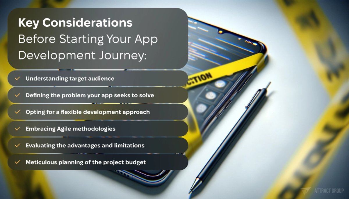 A horizontal professional render featuring an 'Under Construction' yellow tape across a smartphone displaying a construction or application building interface.