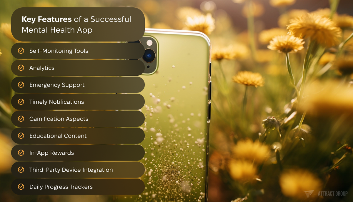 Key Features of a Successful Mental Health App. Sunny meadow with dandelions and smartphone.