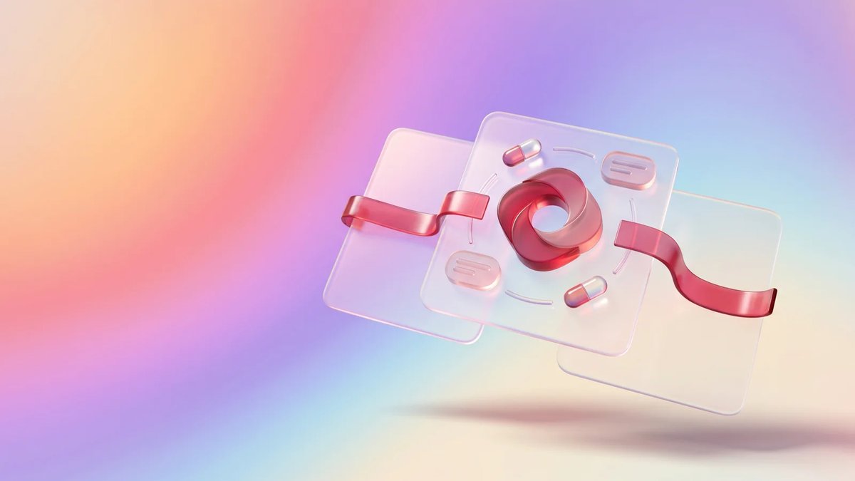 Abstract frosted-glass care management workflow cards connected by a crimson ribbon on an aurora gradient