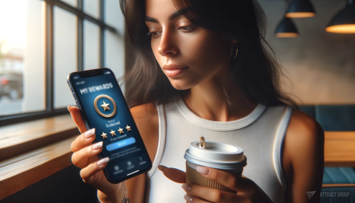 Illustration for The Intersection of Marketing and Monetization in Mobile Apps. A young woman, a Hispanic female, looking at her smartphone. The smartphone screen displays a digital rewards card titled "MY REWARDS" showing "Gold Level" status with 7 out of 12 stars collected and 5 stars remaining until the next reward. The screen also shows options to view 'Details' or 'Redeem' the rewards. The woman is dressed casually in a white tank top and holding a cup of coffee in her other hand, which suggests a relaxed, everyday environment. The focus is on the smartphone screen, which has a blue color scheme. The image is lit with natural, soft light to enhance the feeling of an everyday setting.