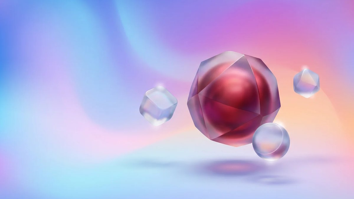 Abstract editorial illustration with a crimson glass-like central prism surrounded by three translucent floating forms over a blue-violet aurora gradient, representing the choice between nearshore, offshore, and onshore delivery models.