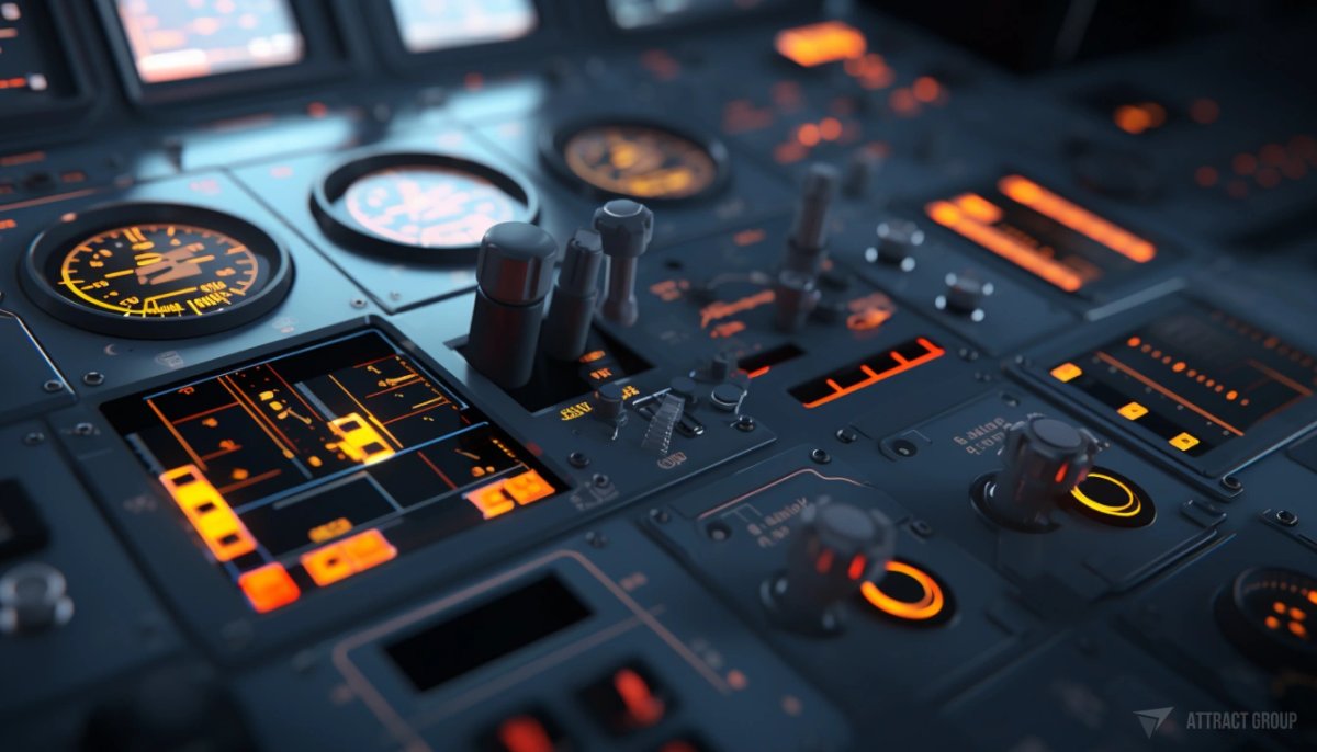 Dark airplane control panel. High-tech.