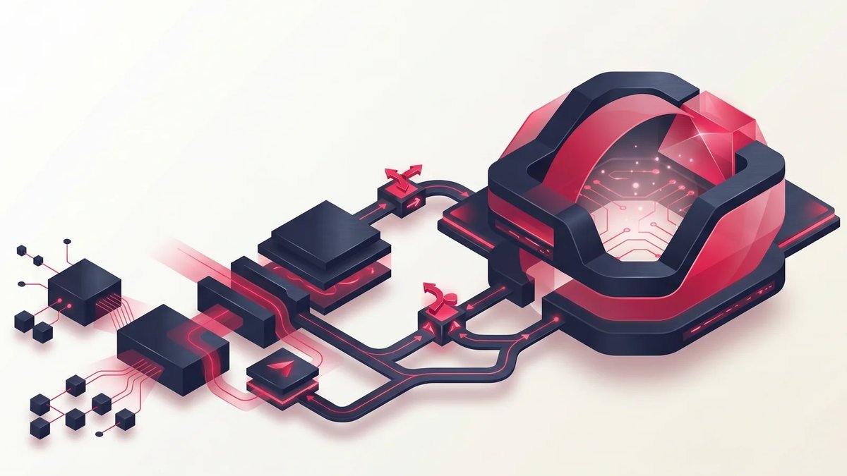 Abstract image showing the build process for an AI agent with modular workflow blocks, connected decision paths, and a structured assembly flow.