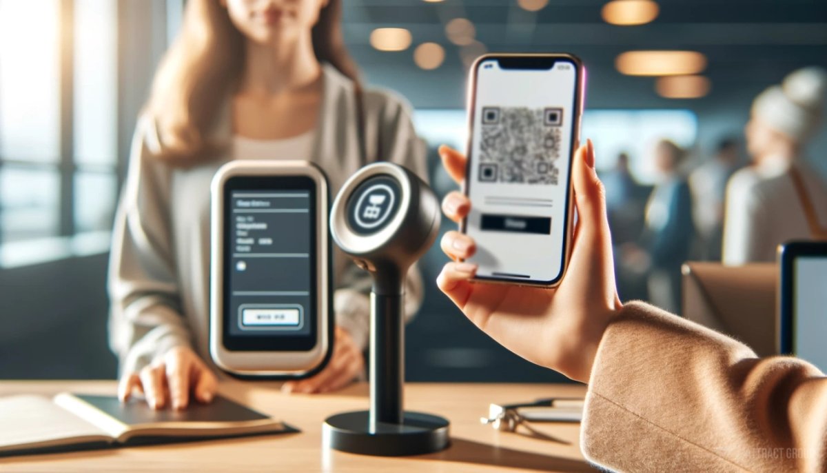 Integrated ticketing systems align with the highest standards of customer service. 

A person's hand with tanned skin and a manicure, holding a smartphone displaying a QR code up to a scanning device on a stand. The device has a screen prompting for the QR code. 