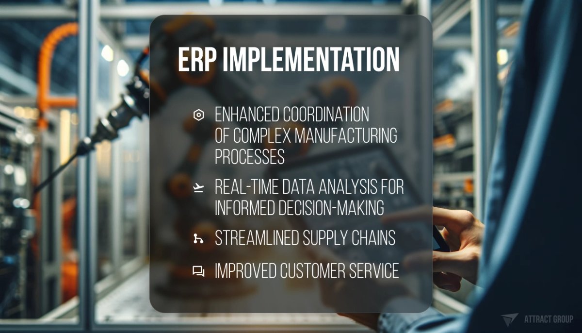 A presentation slide titled "ERP IMPLEMENTATION" with bullet points highlighting benefits: Enhanced coordination of complex manufacturing processes, real-time data analysis for informed decision-making, streamlined supply chains, and improved customer service. In the background, a blurred industrial setting with robotics suggests a manufacturing context. Illustration for: ERP implementation - strategic imperative for businesses