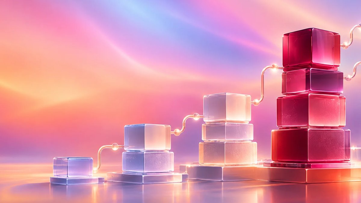 Abstract ascending stack of glass infrastructure blocks on a luminous multi-color gradient background.