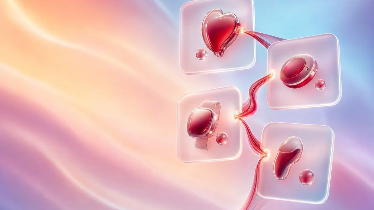 Abstract connected healthcare IoT system with frosted glass cards and a crimson data ribbon on an aurora gradient