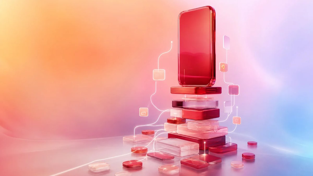 Abstract dimensional crimson app budget modules assembling into a polished mobile product system on a luminous aurora gradient.