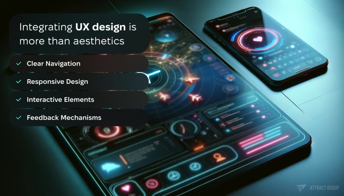 Integrating UX design is more than aesthetics. 
One tablet displays a flight radar application, showing a map with flight paths, bright icons of planes, and neon accents, creating a futuristic atmosphere. 