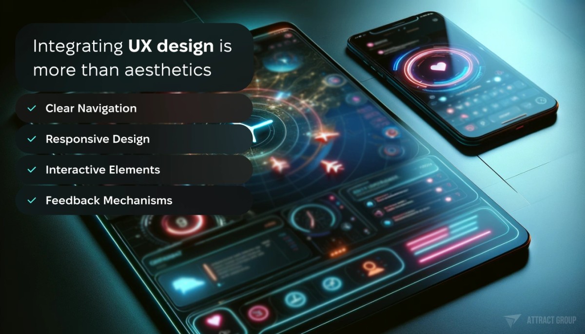Integrating UX design is more than aesthetics.
One tablet displays a flight radar application, showing a map with flight paths, bright icons of planes, and neon accents, creating a futuristic atmosphere.
