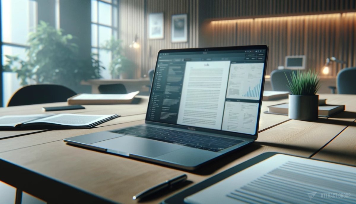On the desk sits a MacBook with an open legal document on the screen. 