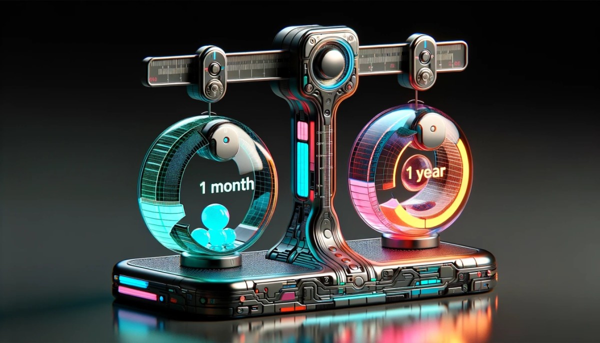 Subscription Model, 3d render of weights with one month and one year subscriptions 