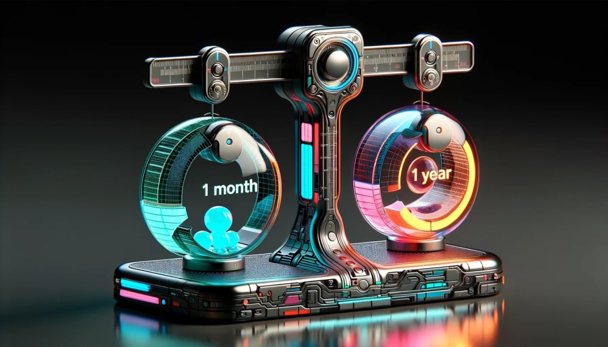 Subscription Model, 3d render of weights with one month and one year subscriptions