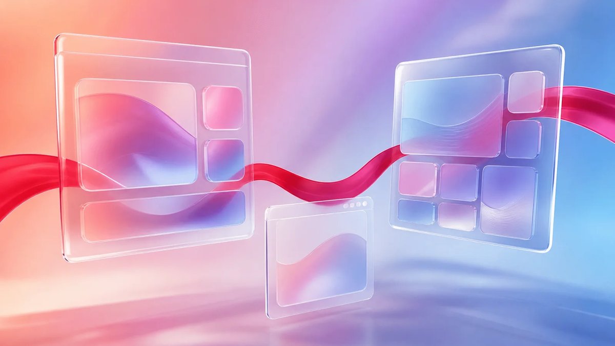 Abstract frosted-glass desktop app panels connected by a crimson ribbon on a luminous multi-color gradient background.
