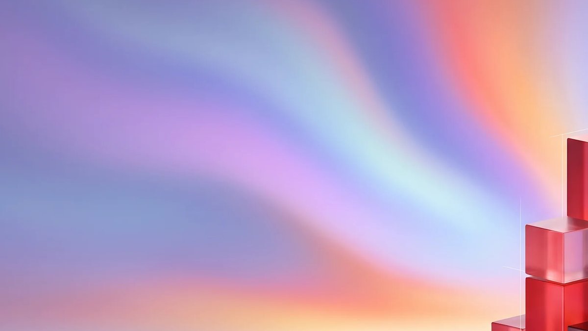 Abstract premium illustration with stacked crimson glass-like forms on a luminous aurora gradient background, representing staged custom logistics software development.