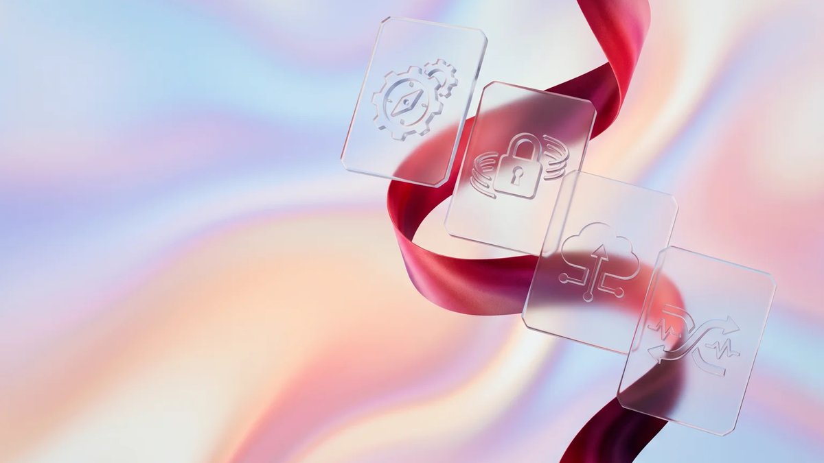Abstract frosted glass cards connected by a crimson ribbon, representing healthcare IT consulting services and system planning