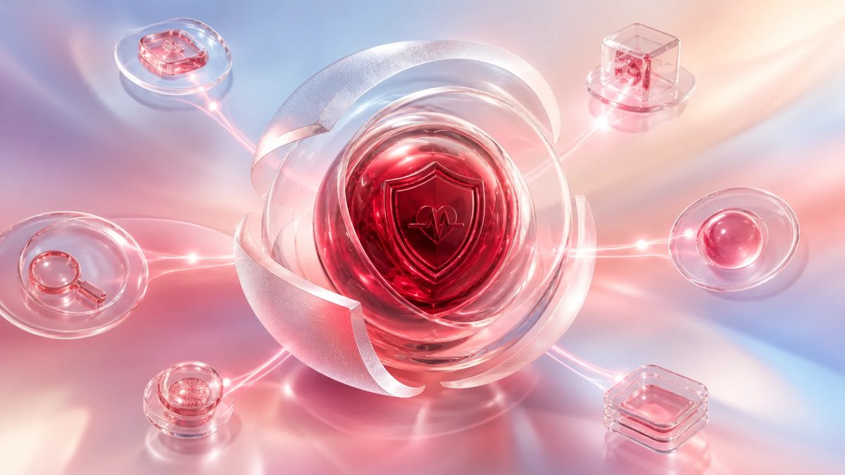 Abstract protected healthcare security core with glass testing modules on a luminous multi-color gradient.