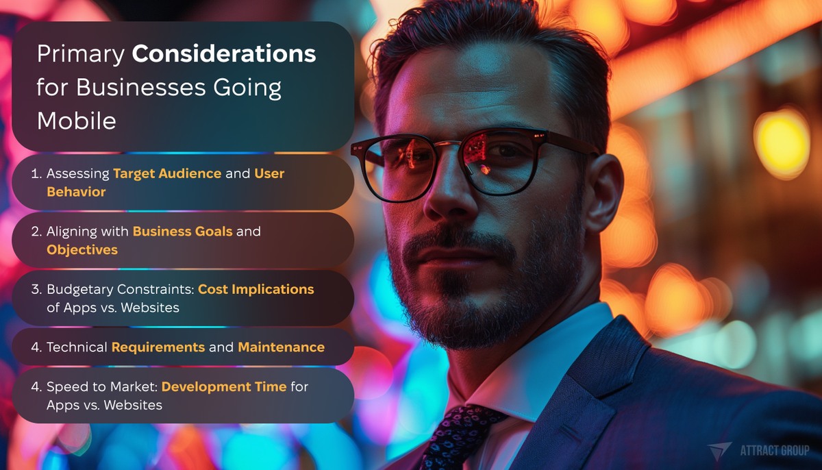 Primary Considerations for Businesses Going Mobile list. Businessman in the glasses in the background.