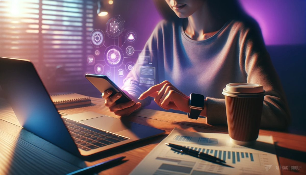 Mobile App User Experience Testing and Feedback. A woman sitting at a desk, lit by ambient purple and blue soft light. She is using a smartphone and wearing a smartwatch, highlighting a connection with technology. 