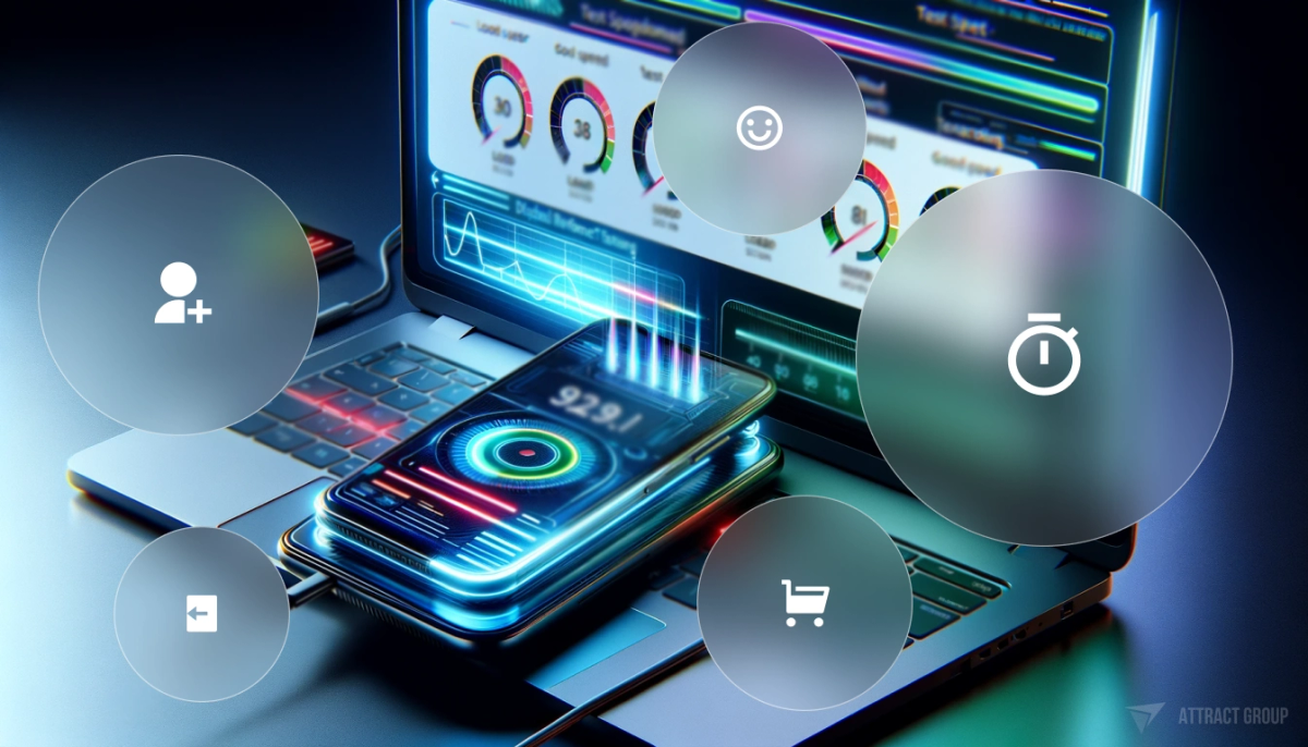 Illustration for Key Performance Indicators for Mobile Apps. A modern smartphone with its screen displaying several loaders in progress. The smartphone is connected to a modern laptop, whose screen shows test speedometers indicating good speed and quality. The composition should include neon elements, adding a vibrant and futuristic feel to the image. The focus is on the highly realistic, sharp textures of both the smartphone and the laptop, capturing the sleekness of the devices and the dynamic display of loaders and speedometers. The overall composition should convey a sense of high efficiency and cutting-edge technology in the realm of digital performance testing.