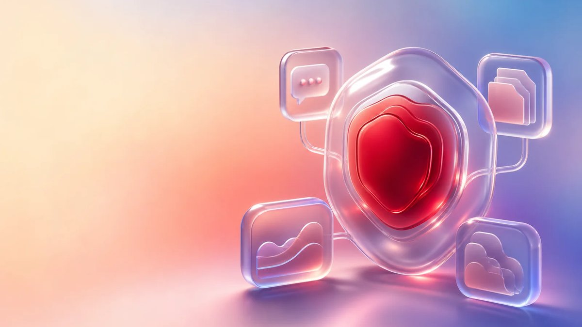 Abstract protected healthcare app core with frosted-glass workflow modules on a luminous multi-color gradient background.
