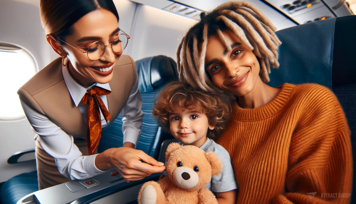 Advanced Seating Algorithms for Optimal Placement. The flight attendant is giving the child a cute teddy bear. 