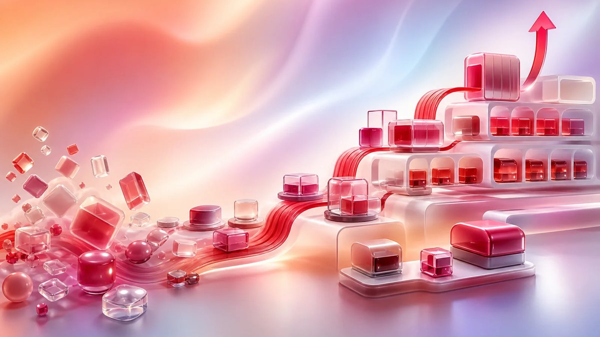 Abstract grocery supply chain workflow with crimson glass inventory blocks flowing into an organized warehouse system