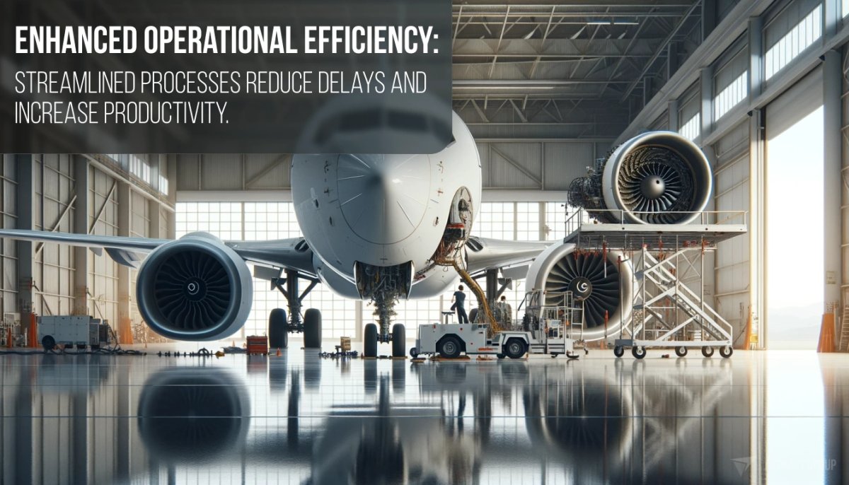 The image shows an airplane undergoing maintenance in a spacious hangar. In the foreground, the large and detailed turbofan engine of the aircraft is visible with the cowling removed, exposing the intricate internal components. Another engine is seen in the background also disassembled for maintenance. A small group of technicians is working on the airplane, with one on a pushback tug vehicle and others standing on platforms reaching into the open engine and fuselage areas. The hangar is brightly lit with natural light streaming in from large windows. The floor reflects the scene, indicating a polished surface. Across the top, there's a caption that reads: "ENHANCED OPERATIONAL EFFICIENCY: STREAMLINED PROCESSES REDUCE DELAYS AND INCREASE PRODUCTIVITY." The text implies the image is likely used for educational or promotional material highlighting the importance of efficient maintenance procedures in aviation.