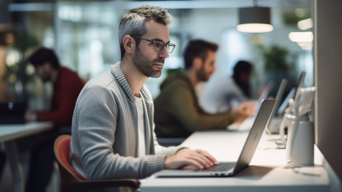 Developer in glasses with laptop in modern office 