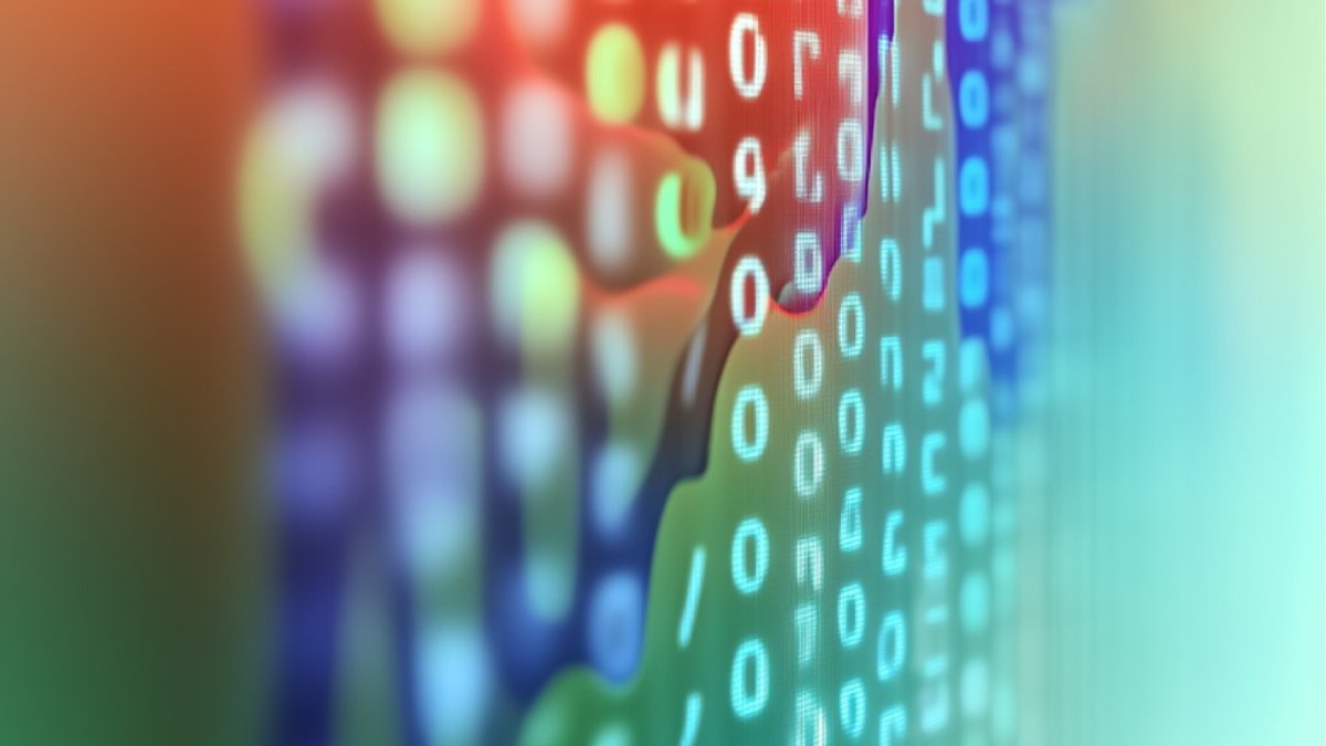 Abstract digital background featuring glowing binary code (0s and 1s) with a vibrant bokeh effect in shades of blue, orange, and teal, representing data processing and AI development.