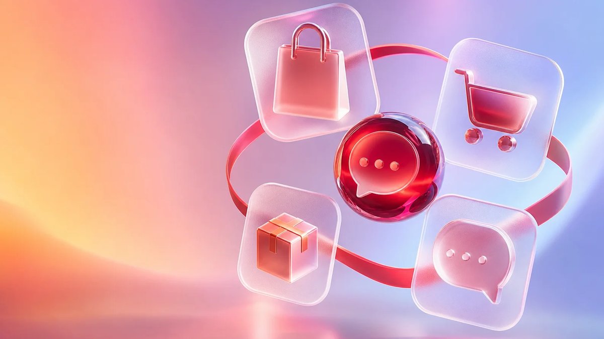 Dimensional crimson ecommerce and chat forms connected by a ribbon over a warm and cool aurora gradient.