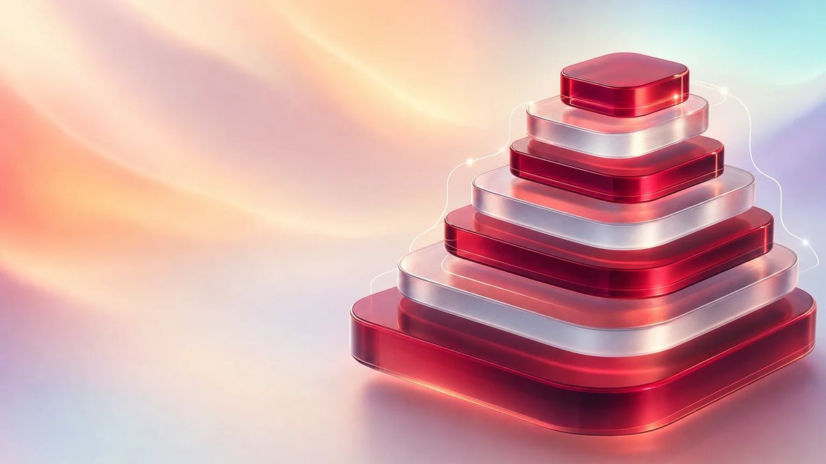 Abstract stacked glass and crimson forms representing a phased EHR implementation rollout