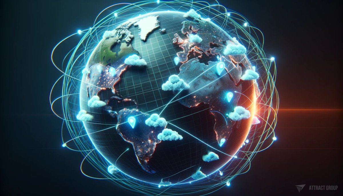 Illustration for Cloud Infrastructure: Facilitating Seamless Remote Collaboration. A volumetric image of the Earth. The Earth should have pins in the form of clouds placed in different countries. These cloud pins should be connected by neon lines, symbolizing global connectivity and data exchange. The Earth should be detailed and realistic, with continents and oceans clearly visible. The neon lines should add a dynamic and high-tech feel to the image, suggesting advanced communication networks that span the globe. The overall composition should emphasize the interconnectedness of the modern world.