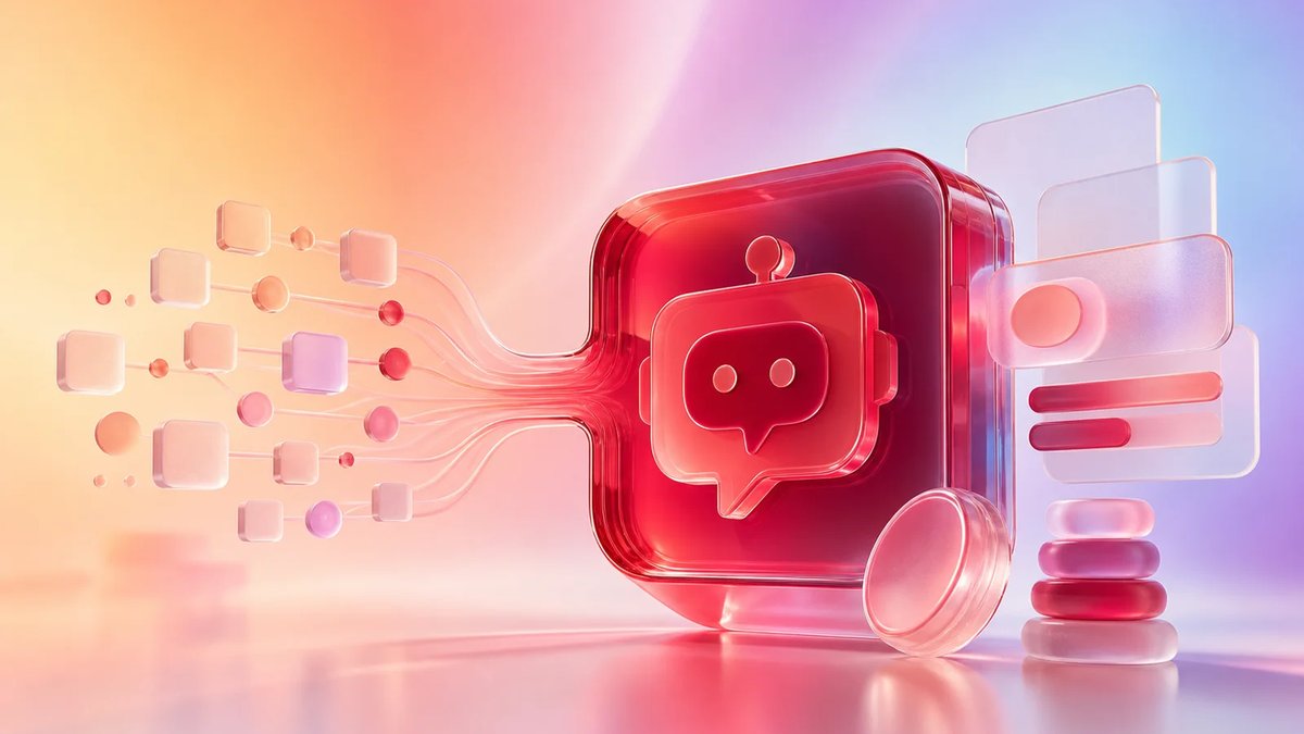 Dimensional crimson chatbot and budget forms on a warm and cool aurora gradient background