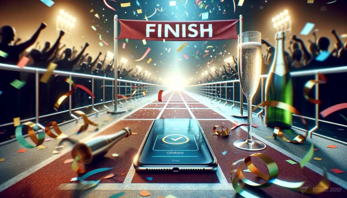A scene celebrating a successful application launch with a smartphone at the finish line