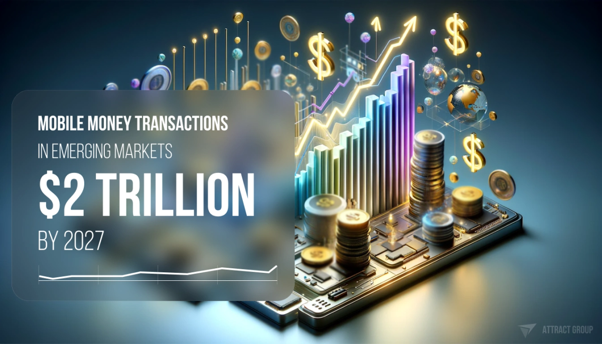 
The image is a digital infographic illustrating the projected growth of mobile money transactions in emerging markets. On the left, a semi-transparent card with text reads "MOBILE MONEY TRANSACTIONS IN EMERGING MARKETS $2 TRILLION BY 2027". The right side of the image shows a 3D-rendered visual metaphor with a smartphone motherboard at the base. On this base, stacks of golden coins and rising colorful bar graphs represent financial growth. Neon lines and glowing symbols of currencies float above, along with miniature globes, indicating the global reach of mobile transactions. The background is blurred with a focus on the vibrant, sharp graphics in the foreground, and the color palette consists of blue, gold, and other multicolored elements, giving the composition a dynamic and high-tech appearance.