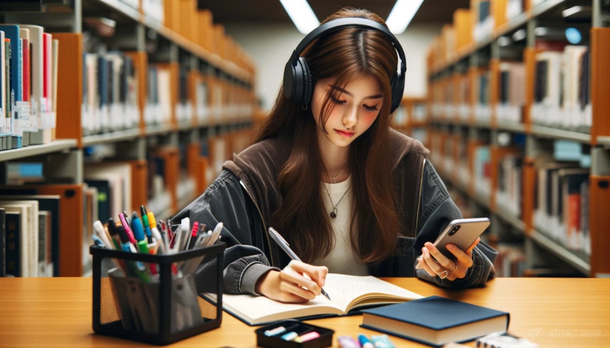 Teen girl in a Japanese library, engaged in studying. She is wearing over-ear headphones, holding a smartphone in one hand and writing notes in a notebook with the other. She has long hair and is dressed in a dark-colored jacket over a white shirt. In front of her is a container filled with various stationery items, suggesting an organized study space. The library exudes a modern vibe with its clean and minimalist design, indicative of a quiet and focused academic environment. Illustration for Smartphones have democratized access to education.