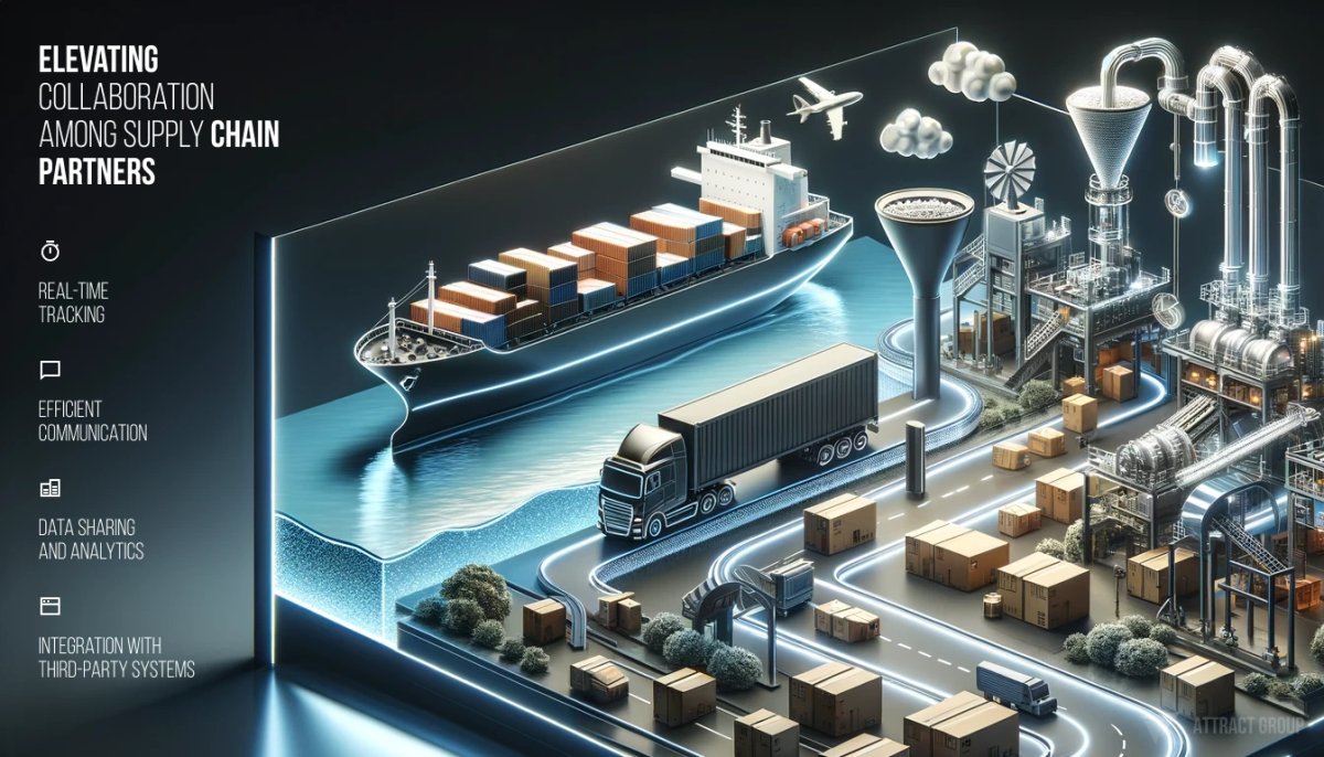 The image is a digital isometric illustration that showcases various modes of transport and industrial infrastructure as part of a supply chain network. On the left, there is a large cargo ship at sea, and above it, an airplane is in flight, both representing different transportation methods. In the center, a semi-truck is depicted driving on a road, while cardboard packages are scattered around, indicating the movement of goods. To the right, an industrial factory complex is featured with pipes, tanks, and smokestacks, illustrating the manufacturing aspect of the supply chain.
Floating icons connected to the factory by dotted lines symbolize cloud computing, energy efficiency, and connectivity, suggesting the integration of technology in logistics. The top left corner has the text "ELEVATING COLLABORATION AMONG SUPPLY CHAIN PARTNERS," followed by bullet points on the side highlighting "REAL-TIME TRACKING," "EFFICIENT COMMUNICATION," "DATA SHARING AND ANALYTICS," and "INTEGRATION WITH THIRD-PARTY SYSTEMS." These elements emphasize the importance of technology and communication in modern logistics and supply chain management.