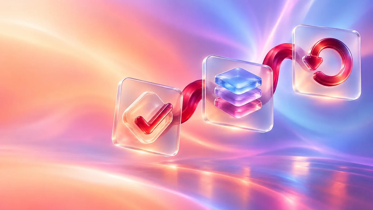 Abstract frosted glass release workflow cards connected by a crimson ribbon on an aurora gradient background