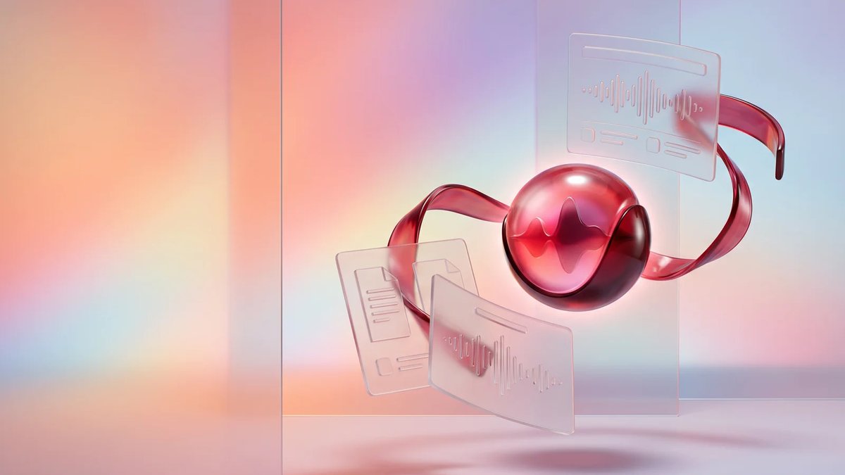 Abstract premium hero image showing voice technology and clinical documentation workflows as frosted glass audio waves and connected cards.