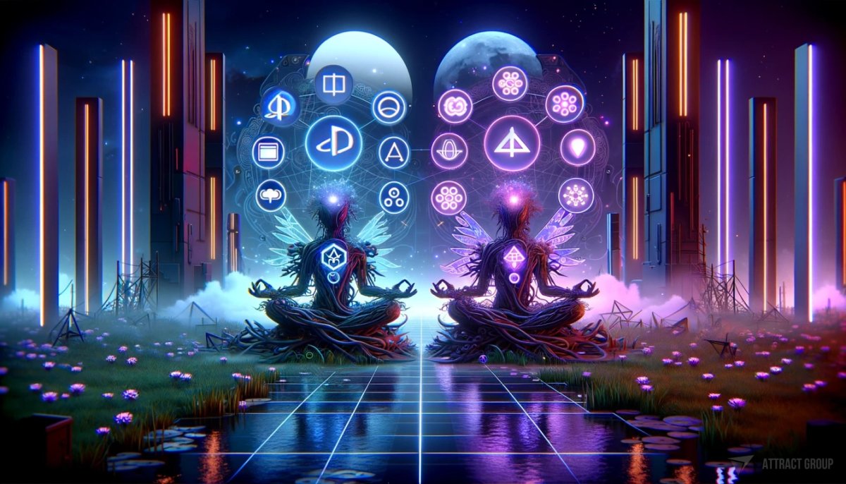 Hybrid Apps vs. Progressive Web Apps neon characters sitting side by side each other 